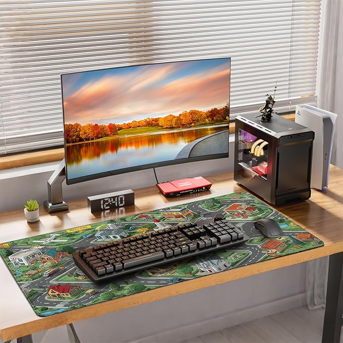 35.4 x 15.7 Inches XXL Large Gaming Mouse Pad, Cartoon City Street Map Design, Non-Slip Base, Waterproof and Scratch-Resistant Surface, Suitable for Home and Casual Gaming Desktop mats