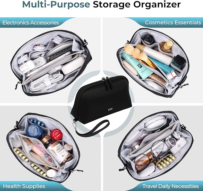 FYY Travel Cable Organizer - 8 Compartments Lightweight Water Resistant Tech Pouch with Wrist Strap, Portable Electronic Accessories Case for Cord Charger Storage for Travel Home Office Black (Large)