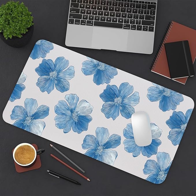 Large Mouse Pad, Blue Floral Desk Mat for Desktop, Women Girls Flowers PU Leather Waterproof Desk Pad, Computer PC Laptop Protector Gaming Mouse Pads for School Office Home (31.5" x 15.7")