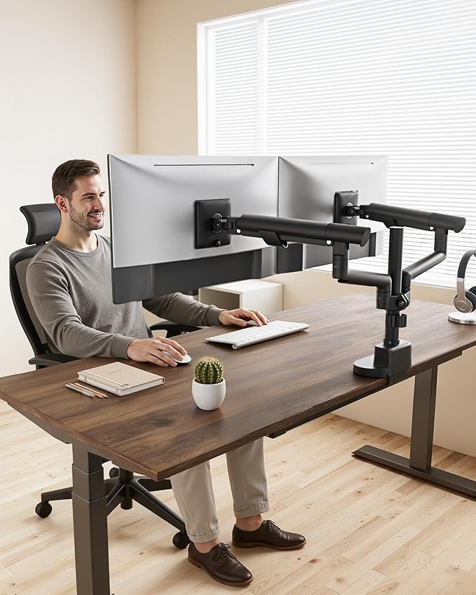 monTEK Dual Monitor Stand with USB Up to 35" Screens,Tall Post Mounted Monitor Arm Holds Max 24.3lbs Per Screen, Full Motion Adjustable Arm Desk Mount with C-Clamp/Grommet,VESA 75/100mm