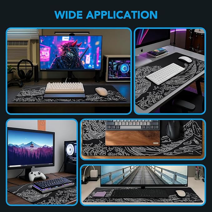 Large Gaming Mouse Pad, Waterproof Mousepad with Stitched Edges, Non-Slip Rubber Base, XXL Computer Long Keyboard Mouse Mat for Gamer, Office & Home, 31.5" x 15.7", Waves