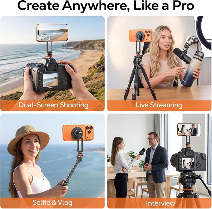 MoKo MagSafe Tripod Mount, All Metal 360° Adjustable Phone Mount for Tripod & Camera with 1/4" Screw & Cold Shoe, Compatible with iPhone 12-17 Series, for Camera Monitoring, Stabilizers, Sony/Canon - Image 9