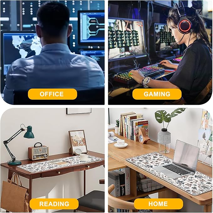 Desk Pad Gray Boho Floral Desk Mat for Keyboard and Mouse, Large XXL Gaming Mouse Pad with Stitched Edges for Work Game Office, 35.43 x 15.75 in