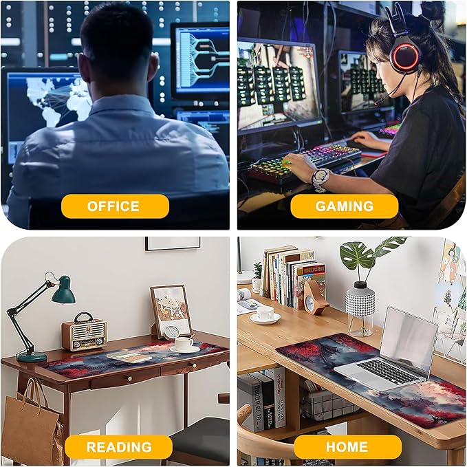Desk Pad Red Night Full Moon Desk Mat for Keyboard and Mouse, Large XXL Gaming Mouse Pad with Stitched Edges for Work Game Office, 35.43 x 15.75 in