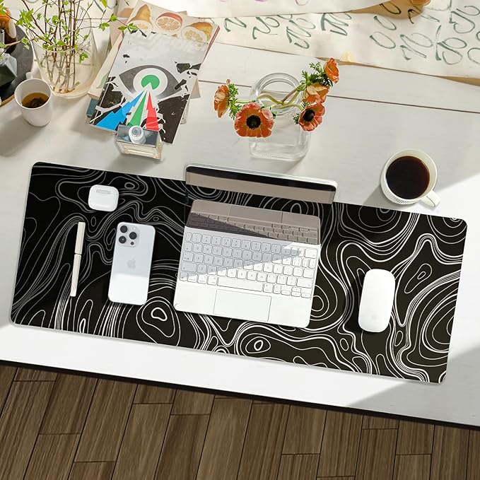 Waterproof Large Gaming Mouse Pad with Durable Stitched Edges, Non-Slip Rubber Base, Grainy Jacquard Mouse Mat Desk Pad for Home Office Gaming, 31.5''x11.8''x0.12'', Topographic Map White