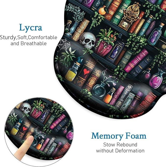 Mouse Pad with Wrist Rest, Goth Ergonomic Mouse Pads Wrist Support for Desk, Funny Skull Gothic Gaming Mousepad for Wireless Mouse Computer Work Home Desk Accessories Office Supplies Witchy Book