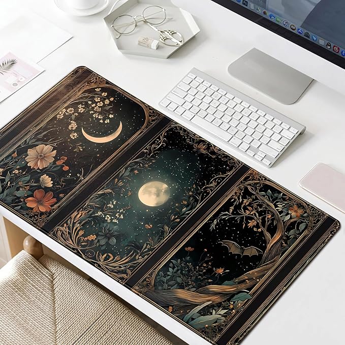 Celestial Lunar Nature Tarot Card Desk Mat 31.5''X15.7'' Dark Green Desk Pad Moon Botanical Floral Large Mouse Pad Extended Gaming Mousepad XXL Keyboard Mouse Mat for Computer Laptop Gamers