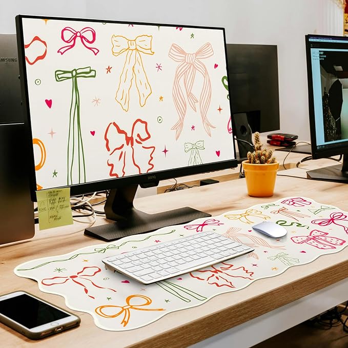 L-SPOUTTO Cute Mouse Pad,Girly Bow Desk Mat XXL Large Scalloped Gaming Mousepad,35.4x15.7in Non-Slip Rubber Base Keyboard Pad Waterproof Desktop Mat for Laptop Computer Work Game Home Office-Ribbon