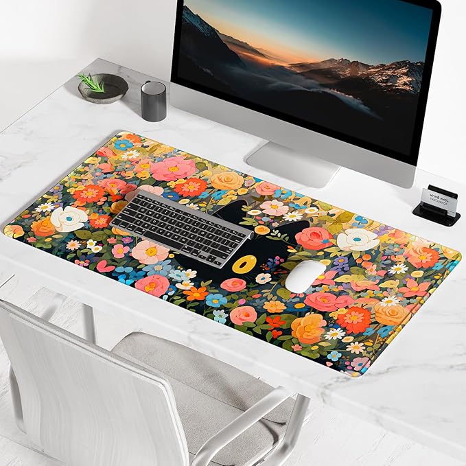 BOSOBO XXL Gaming Desk Mat, Extended Mouse & Keyboard Mat, Anime Cat Pink Flower Bush - 31.5 x 11.8 Inches