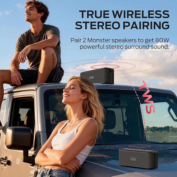 Monster Shock Plus Bluetooth Speaker, Portable Speaker with 40W Stereo Sound, 20H Playtime, Bluetooth 6.0, Support AUX, TF, Wireless Stereo Pairing, IPX6 Waterproof Speaker for Home, Outdoor, Travel