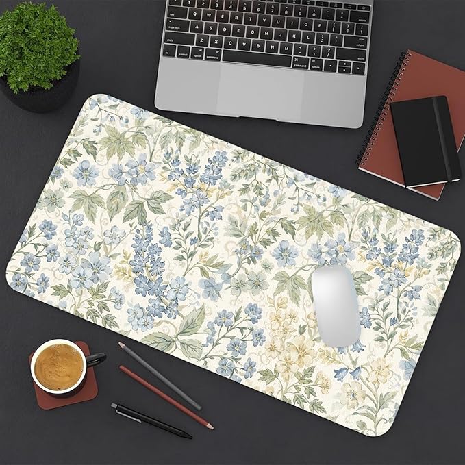 Large Mouse Pad, Beige Blue Floral Desk Mat for Desktop, Women Girls Flowers PU Leather Waterproof Desk Pad, Computer PC Laptop Protector Gaming Mouse Pads for School Office Home (31.5" x 15.7")
