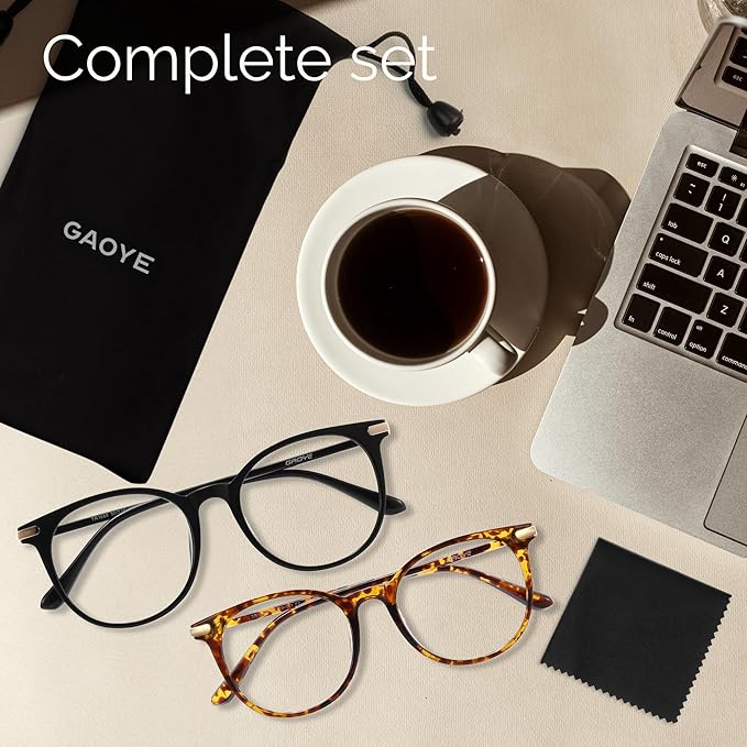 Gaoye 2 Pack Blue Light Blocking Glasses, Retro Round Eyewear Frame Anti Eyestrain Computer Glasses for Women Men - GY1688 (Black+Tea Leopard)