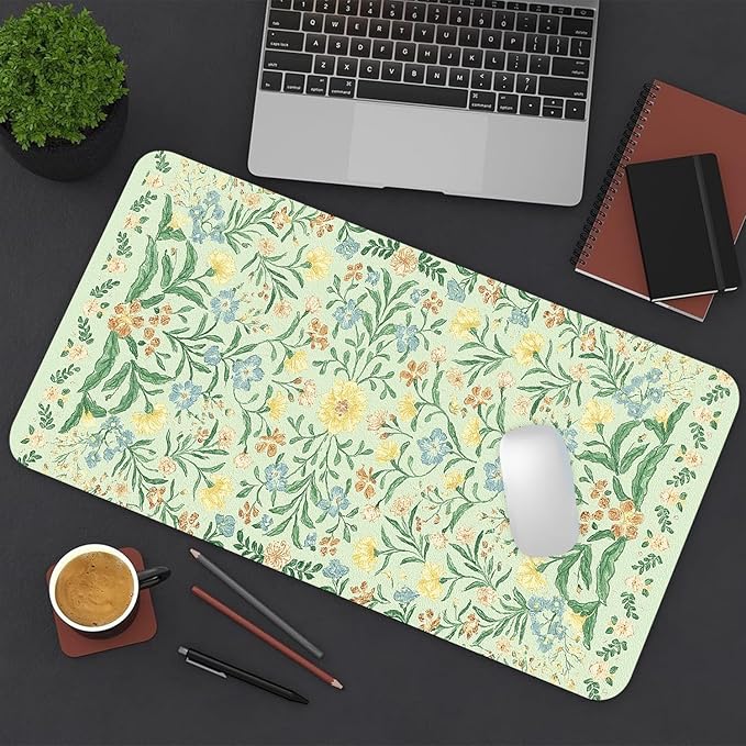 Large Mouse Pad, Green Flowers Desk Mat for Desktop, Women Girls Flowers PU Leather Waterproof Desk Pad, Computer PC Laptop Protector Gaming Mouse Pads for School Office Home 27.5" x 13.8"