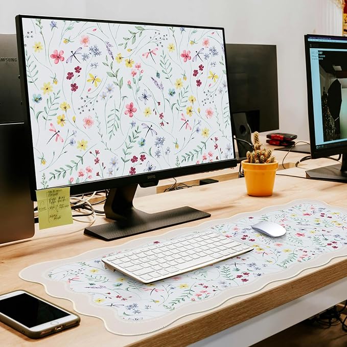 L-SPOUTTO Floral Mouse Pad,Botanical Desk Mat XXL Large Scalloped Gaming Mousepad,35.4x15.7in Non-Slip Keyboard Pad Waterproof Desktop Mat for Laptop Computer Work Game Home Office-Wild Flowers