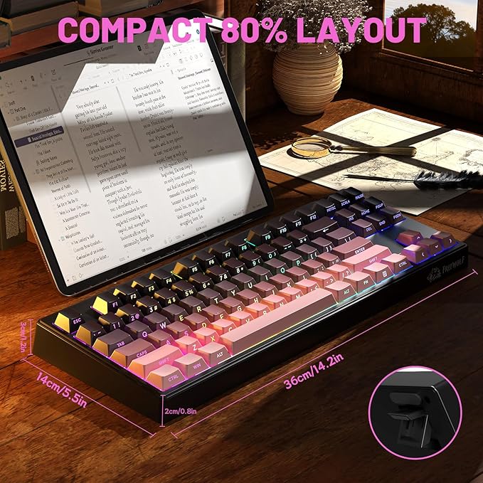M87V2 87 Keys Membrane Gaming Wireless Keyboard,80% TKL Layout Side Printed Keys Retro Cute Creamy,RGB Backlit 4000mAh 2.4G/BT/Wired Computer Silent Keyboard for MAC PC-Gradient Pink