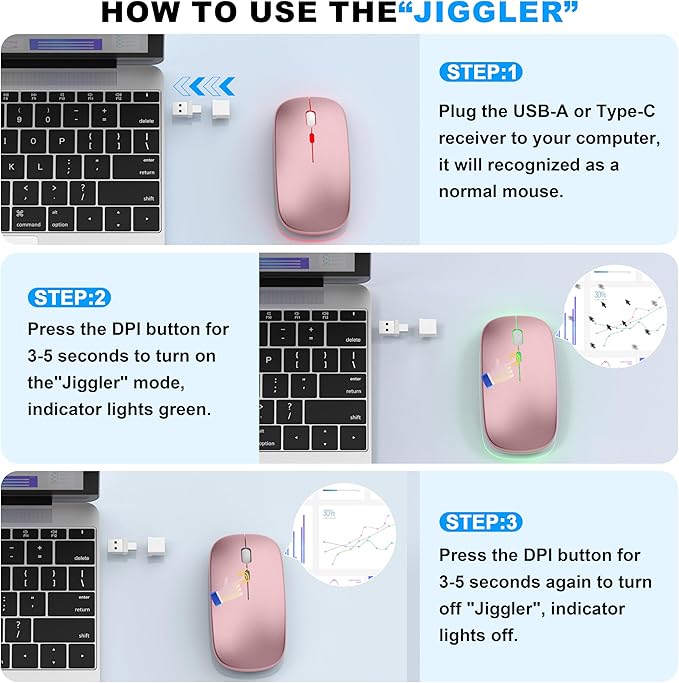 Mouse for MacBook, LED Bluetooth Wireless Mouse for MacBook Air Mac Pro iPad Laptop, Silent RGB Mice, 3 Mode BT 5.2 & 2.4G USB-A/USB-C Receiver Slim Portable Mice with Jiggler Mode, Rose Gold