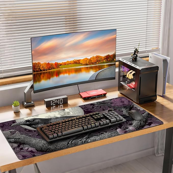 XXL Gaming Mouse Pad, Gothic Raven Moon Design with Purple Floral, 35.4 x 15.7 Inches, Non-Slip Rubber Base, Waterproof Surface,A Keyboard and Mouse Accessory Suitable for Home Gaming and Work.