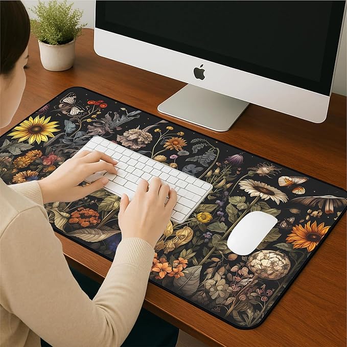 Retro Mouse Pad XXL, Flower Sunflower Plant Desk Mat, Long Computer Mat, Gaming Mouse Keyboard Mats, Full Desktop Protector, Nature-Inspired Decoration Home Office Desk Accessory 31.5" x 15.7"