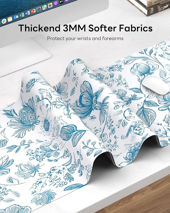 Floral Mouse Pad, 31.5 x 11.8 Large Desk Mat with Stitched Edges & Non-Slip Base, Mousepad for Office, Home, Work, Elegant Flower