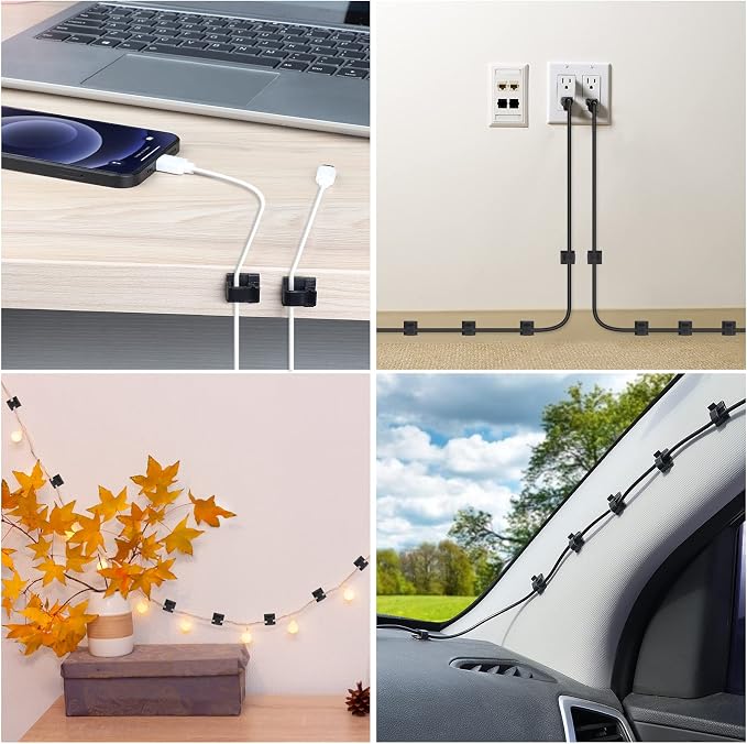 100 PCS Adhesive Cable Clips Black (Small & Large), Upgraded Wire Holder for Wall Cord Organizer Cable Management Under Desk, Outdoor Light Clips Hooks for LED, Car Dash Cam, HDMI, Extension Cord - Image 6
