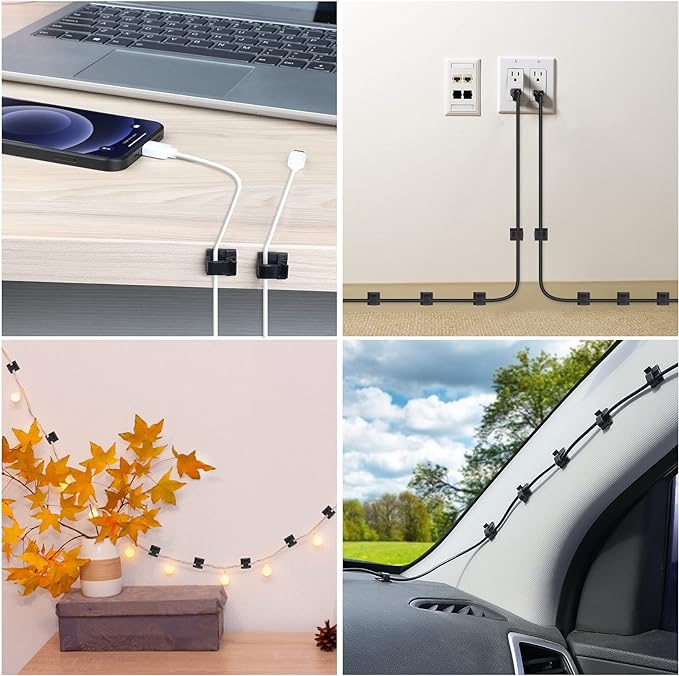 100 PCS Adhesive Cable Clips (Large, White&Black), Upgraded Wall Wire Holder Cord Organizer for Cable Management Under Desk, Light Clips Hooks for LED, HDMI, Eetension Cord, Powder Cable - Image 6