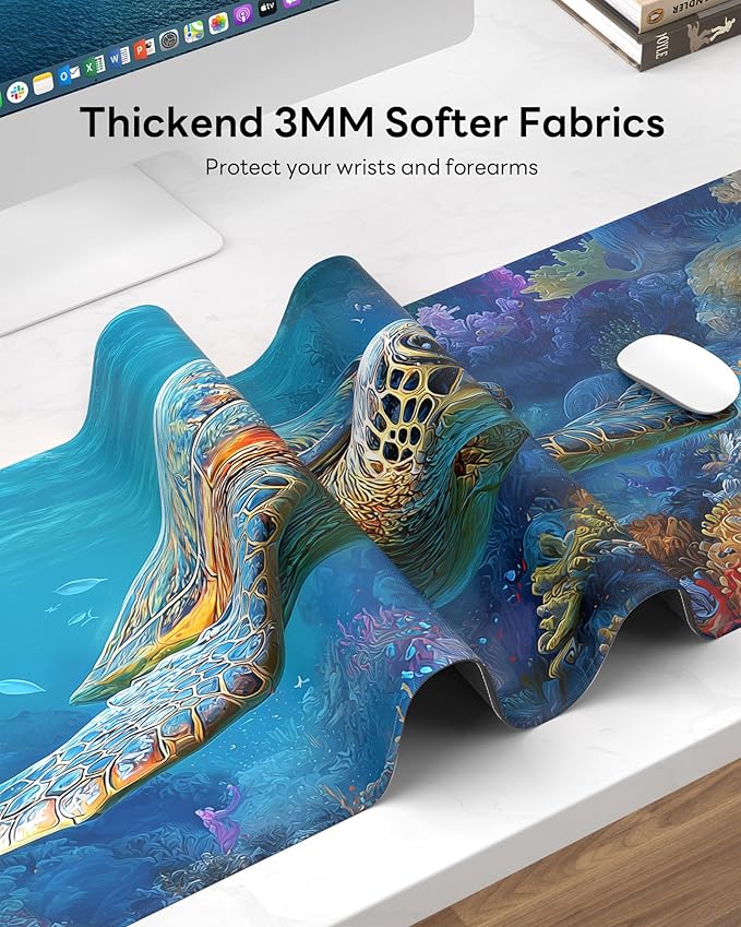 Turtle Mouse Pad, 31.5 x 11.8 Large Desk Mat with Stitched Edges & Non-Slip Base, Mousepad for Office, Home, Work, Sea Turtle