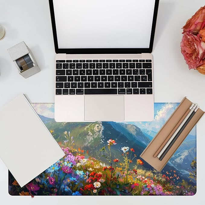 Large Gaming Mouse Pad for Desk, Watercolor Colorful Wildflowers Desk Mat, Flowers On Mountains Desk Pad, 31.5"x15.7" Extended Big Computer Mouse Pad with Non-Slip Base and Stitched Edge