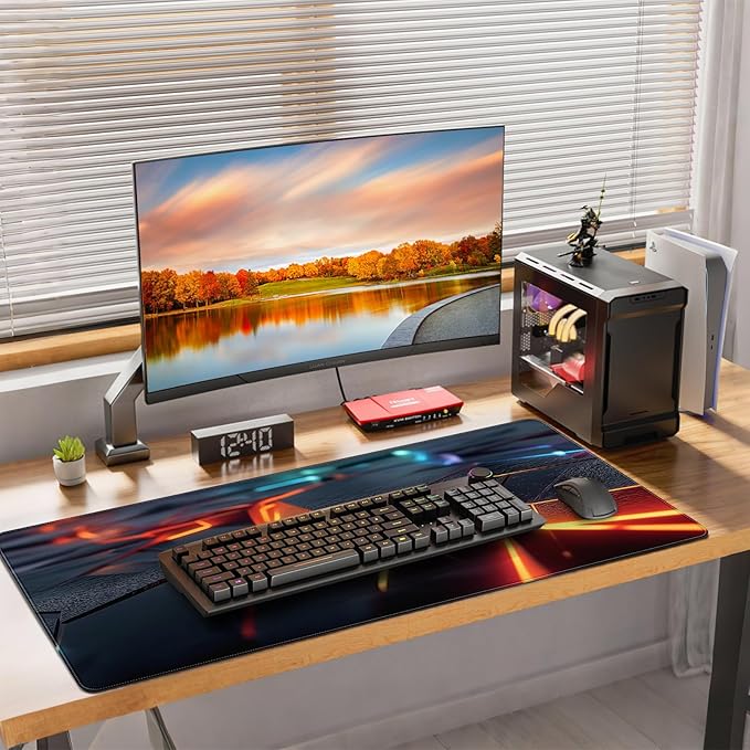 Large Gaming Mouse Pad, Abstract Geometric Orange and Blue Pattern, Extended 35.4 x 15.7 Inches, Non-Slip Rubber Base, Stitched Edges, XXL Desk Mat
