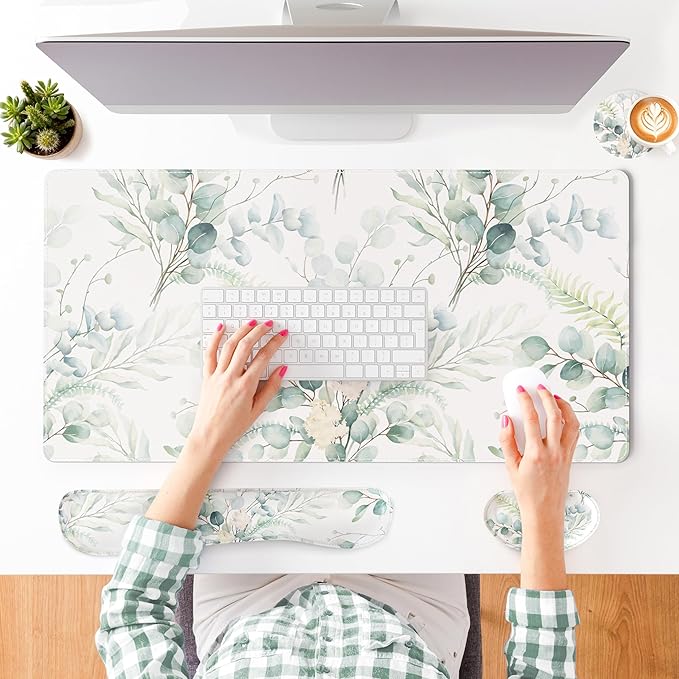 QIYI Leather Desk Mat Set, 4-in-1 Large Mouse Pad with Wrist Rest, Non-Slip Desk Pad + Keyboard Wrist Rest + Mouse Wrist Support + Coaster, Office Desk Accessories Home Decor Supplies, Eucalyptus Leaf