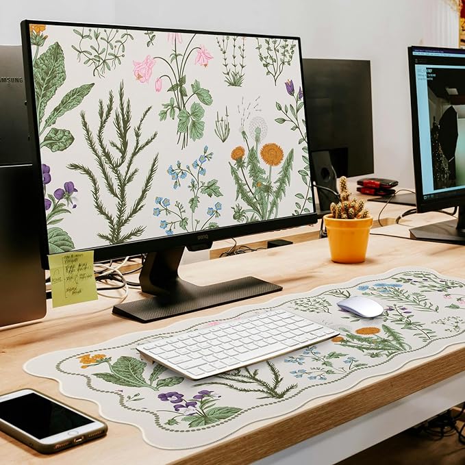 L-SPOUTTO Floral Mouse Pad,Botanical Desk Mat XXL Large Scalloped Gaming Mousepad,35.4x15.7in Non-Slip Keyboard Pad Waterproof Desktop Mat for Laptop Computer Work Game Home Office-Flowers Plants