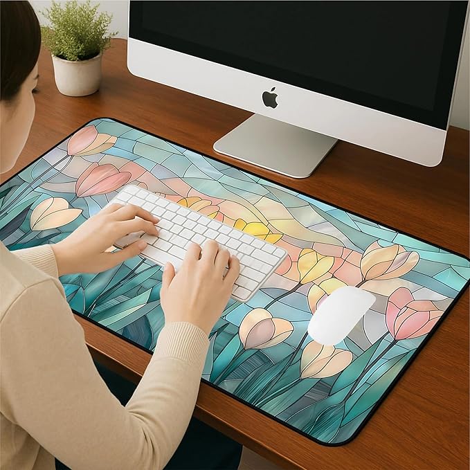Faux Colorful Glass Desk Mat, Tulip Long Mouse Pad, Large Gaming Computer Keyboard Mats, Soft Full Deskamt, Office Desktop Cover Pad, Aesthetic Desk Accessories, Suitable Women 31.5"X15.7"