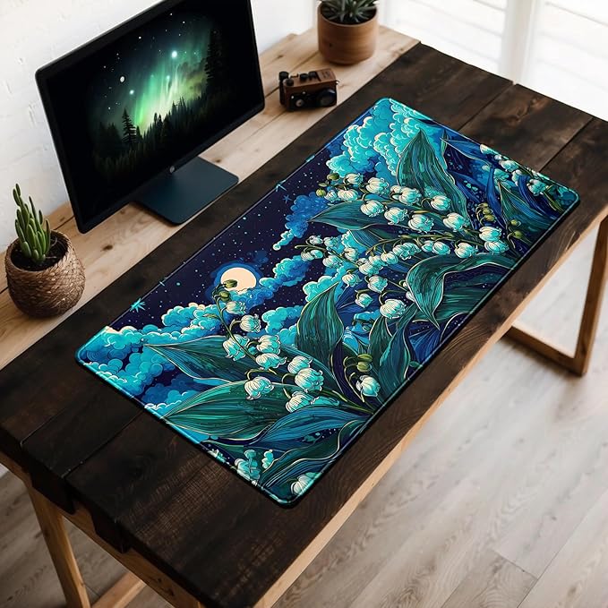 Desk Mat Floral Blue Green Large Mouse Pad 31.5''X15.7'' Lofi Aesthetic Desk Pad Lily of The Valley Extended Gaming Mousepad XXL Keyboard Mouse Mat Pretty Office Decor
