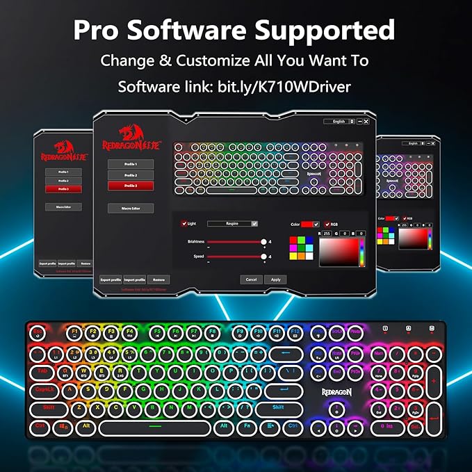 Redragon Typewriter Keyboard Wireless, Mechanical Gaming Keyboard, Bluetooth/2.4Ghz/Wired, RGB LED Backlit, Rechargeable, Blue Switch - Clicky, Solid Metal Panel, Round Keycaps, Black