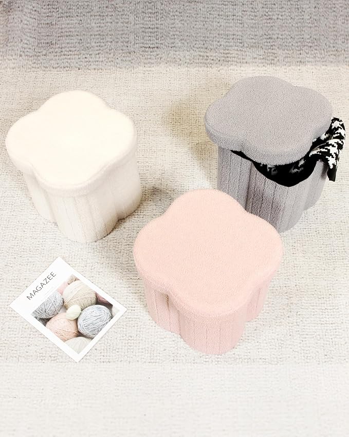 B FSOBEIIALEO Storage Ottoman Cube, Flowers Shaped Ottomans with Storage Foot Stool Footrest for Lving Room, Boucle Ottoman Seat for Dorm Room,Faux Teddy Fur,White 12.6"x12.6"x12.6"