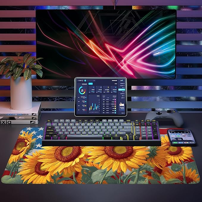 Mouse Pad, Large Anti-Slip with Stitched Edges Desk Mat Desktop Laptop Computer Desk Keyboard Mat,Table Protector Blotter Mat (Sunflower, 35.4" x 15.7")