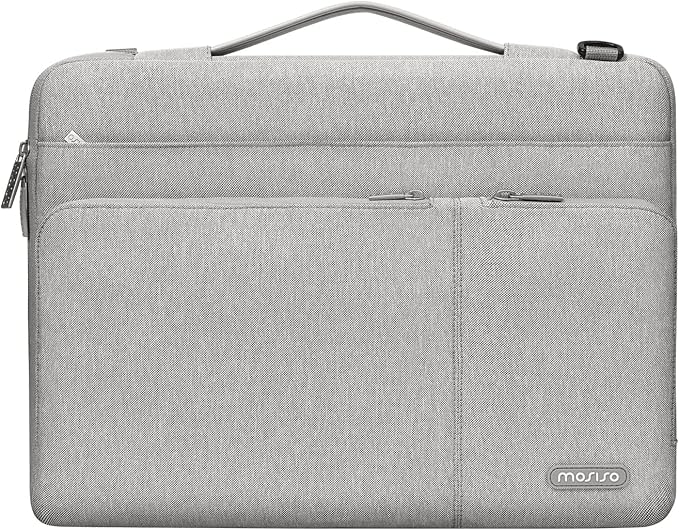 MOSISO 360 Protective Laptop Shoulder Bag Compatible with MacBook Pro 16 inch 2023-2019 M2 A2780 M1 A2485 Pro/Max A2141,15-15.6 inch Notebook,Side Open Sleeve with 3 Front Pockets&PU Handle&Belt, Gray