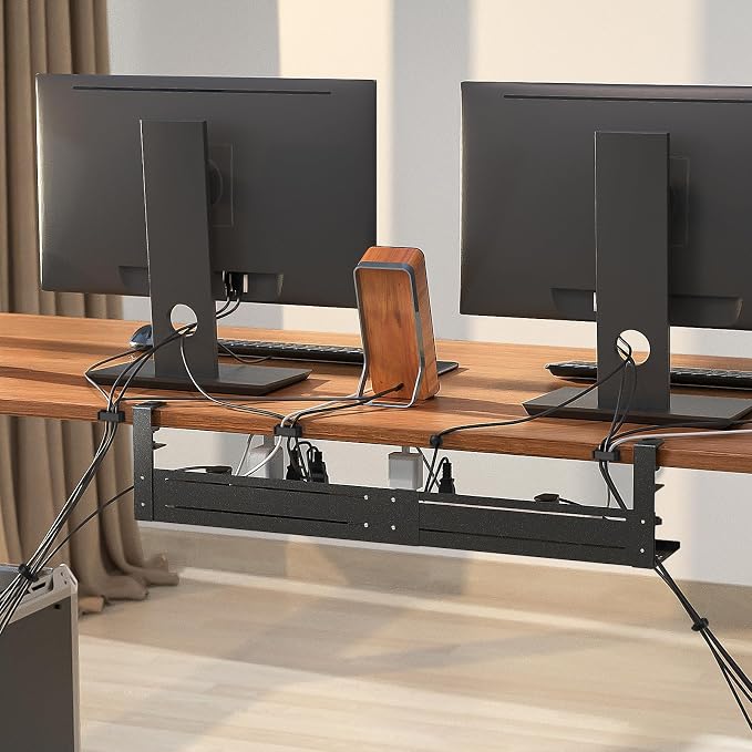Under Desk Cable Management Tray - 18-29in Retractable Iron Cord Organizer, No-Drill Installation with Anti-Slip Pads, Desk Cable Tray for Office, Gaming,Standing Desks(Black) - Image 7