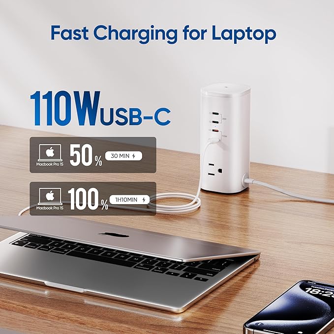 160W Fast Charging Station, TenTrend Tower Power Strip Surge Protector with 3 AC Outlets & 8 USB Ports (4 USB-C), 5 FT Flat Plug Extension Cord with Multiple Outlets for Home Office Dorm Room