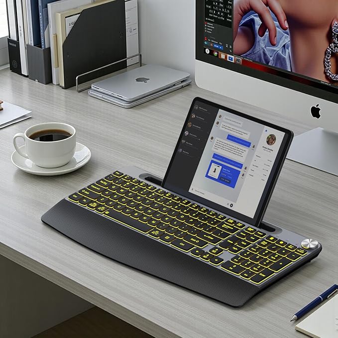 Ergonomic Backlit Wireless Keyboard with Wrist Rest-Low-Profile,Phone/Tablet Holder,Rechargeable with Light Up Keyboard,Cordless Quiet Computer Keyboard for Desktop,Laptop, PC, Mac-Grey