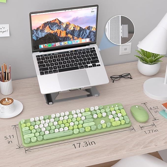 UBOTIE Colorful Computer Wireless Keyboards Mouse Combos, Typewriter Flexible Keys Office Full-Sized Keyboard, 2.4GHz Dropout-Free Connection and Optical Mouse (Green-Colorful)