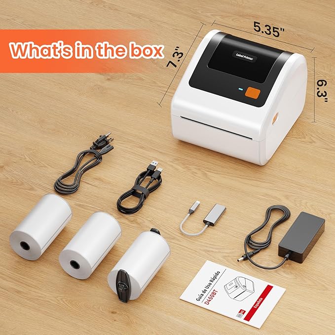 Bluetooth Shipping Label Printer with 3 Roll Labels, D450BT White Thermal Label Printer 4x6 for Small Business, Thermal Printers Come with 750PCS 4x6 White Labels (250 Labels/Roll)