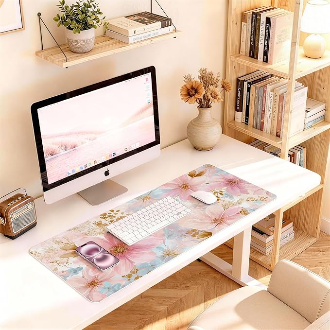 Desk Mat Desk Pad for Keyboard and Mouse, 31.5 x 15.7 in, Pastel Pink Blue Floral Watercolor PU Leather Computer Protector, Non-Slip Base, Waterproof, Easy Clean for Office Gaming, Mouse Pad