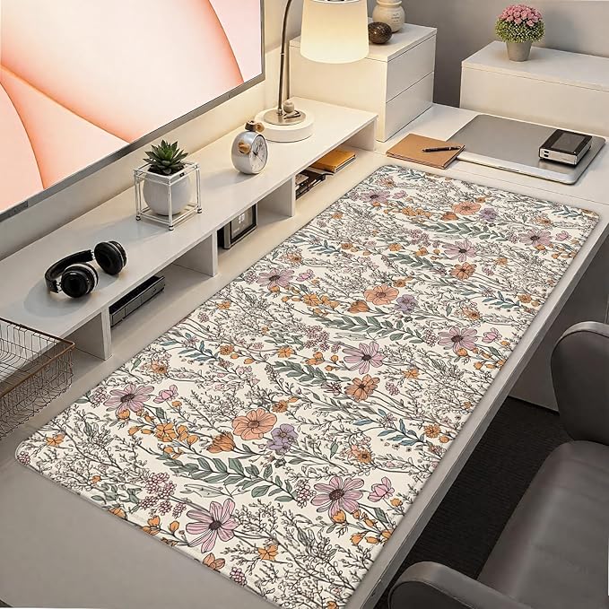 Vintage Rustic Wildflower Floral Large Mouse Pad 31.5x15.7inch, Retro Cottagecore Botanical Flower Large Extended Computer Desk Mat Mousepad for Keyboard and Mouse, Floral Desk Accessories