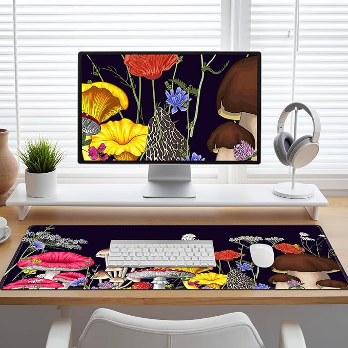 Desk Matt for Desktop, Desk Pad Mat, Mouad Pad for Keyboard and Mouse, XXL Large Mouse Pad for Desktop, Anti-Slip Big Mousepad with Stitched Edges, Mouse Mat for Computer Laptop, Mushroom Wildflower