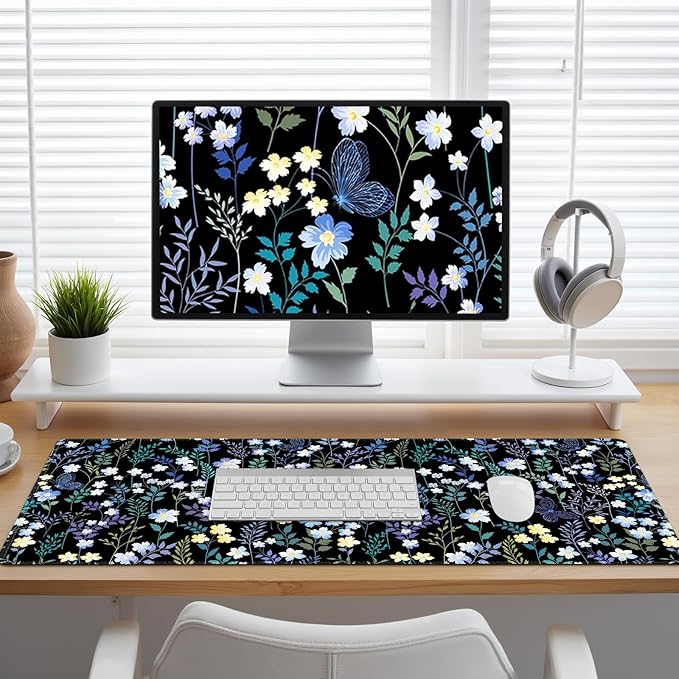Desk Matt for Desktop, Desk Pad Mat, DeskMat for Keyboard and Mouse, XXL Large Mouse Pad for Desktop, Anti-Slip Big Mousepad with Stitched Edges, Mouse Pad for Computer Laptop Women,Wildflower Meadow