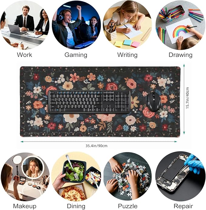 Floral XXL Large Mouse Pad with Stitched Edges, Anti-Slip Desk Mat for Keyboard and Mouse - Colorful Flower Pattern Office Decor, Home Computer Desk Pad Mat for Women, Ideal Desk Accessory