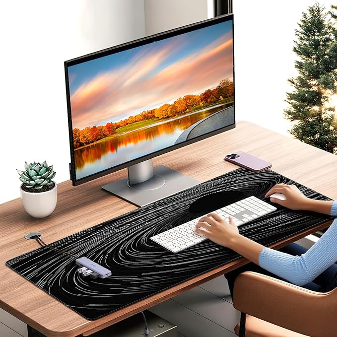Extended Mouse Pad, Black Abstract Swirl Design, 35.4 x 15.7 Inches, Microfiber Cloth Surface, Rectangular Desk Mat with Non-Slip Rubber Base