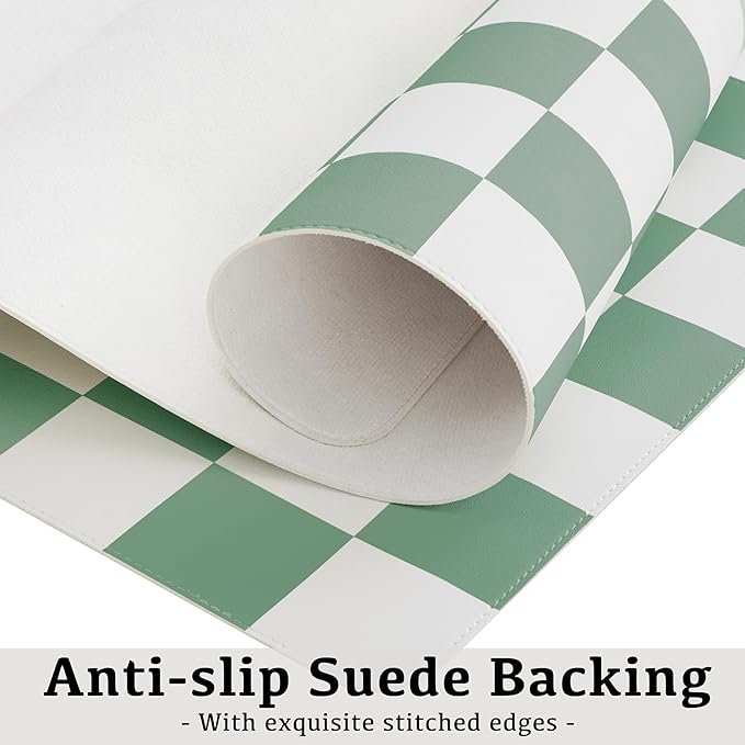 Checkered Desk Mat, Large Cute Aesthetic Retro PU Leather Computer Laptop Desk Mat, Non-Slip Waterproof Mouse Keyboard Pad, Desk Writing Mat for Work/Home (Sage, 31.5" x 15.7")