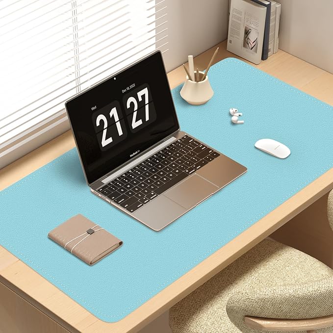 Double-Sided Office Desk Mat, Large Mouse Pad, Waterproof PU Leather Protective Pad, Laptop Desk Pad, Dual Use Cover Protector for Office/Home Keyboard (Blue+Slivery, 31.5''×15.8'')