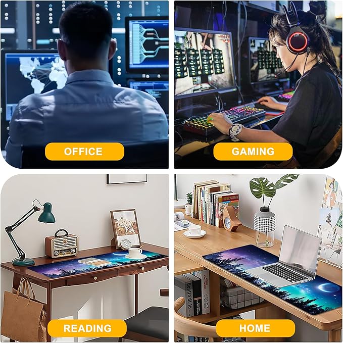 Desk Mat Moon Starry Sky Desk Pad for Keyboard and Mouse, Large Big Gaming Mouse Pad with Stitched Edges for Work Game, 35.43 x 15.75 in